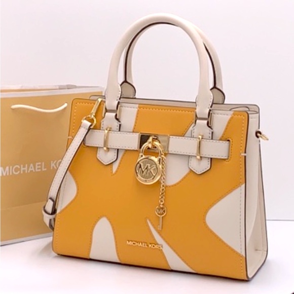 MICHAEL KORS Hamilton Small Two-Tone Satchel GOLDEN ROD MULTI - Picture 1 of 15